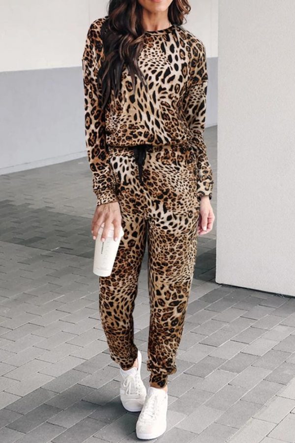 The Best Two piece set Women Fashion Leopard Round Neck Long Sleeve Tops Shirt Wide Leg Pants Casual Sports Suit Streetwear Online - Takalr