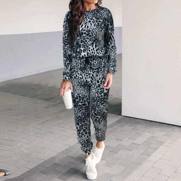 The Best Two piece set Women Fashion Leopard Round Neck Long Sleeve Tops Shirt Wide Leg Pants Casual Sports Suit Streetwear Online - Takalr