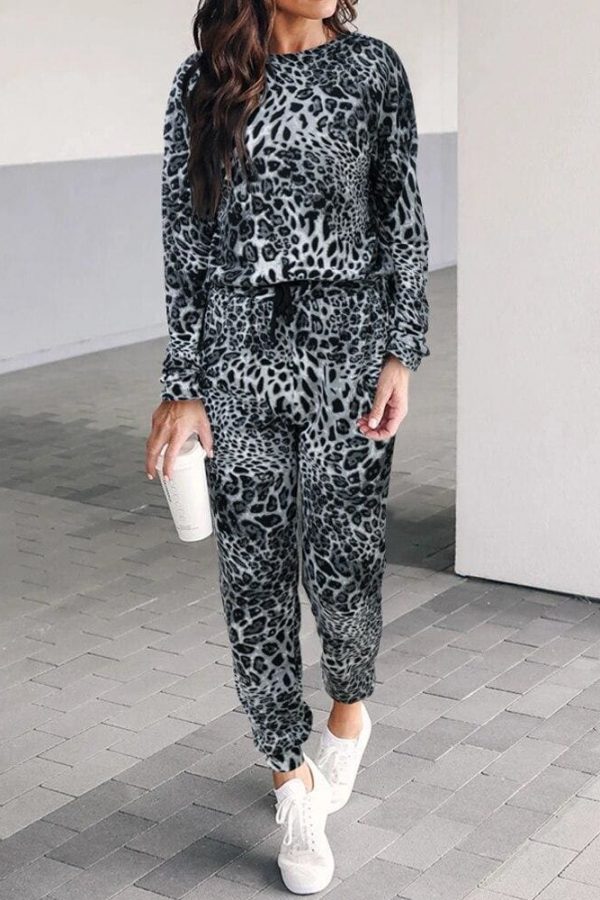 The Best Two piece set Women Fashion Leopard Round Neck Long Sleeve Tops Shirt Wide Leg Pants Casual Sports Suit Streetwear Online - Takalr