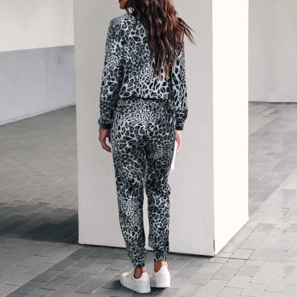 The Best Two piece set Women Fashion Leopard Round Neck Long Sleeve Tops Shirt Wide Leg Pants Casual Sports Suit Streetwear Online - Takalr