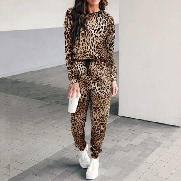 The Best Two piece set Women Fashion Leopard Round Neck Long Sleeve Tops Shirt Wide Leg Pants Casual Sports Suit Streetwear Online - Takalr