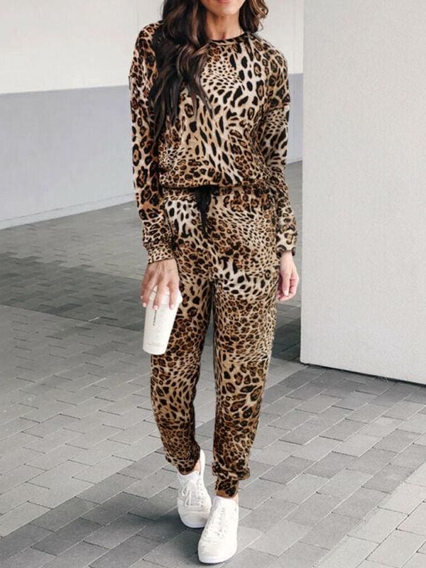 The Best Two piece set Women Fashion Leopard Round Neck Long Sleeve Tops Shirt Wide Leg Pants Casual Sports Suit Streetwear Online - Takalr