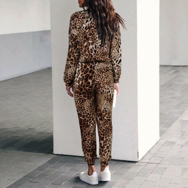 The Best Two piece set Women Fashion Leopard Round Neck Long Sleeve Tops Shirt Wide Leg Pants Casual Sports Suit Streetwear Online - Takalr