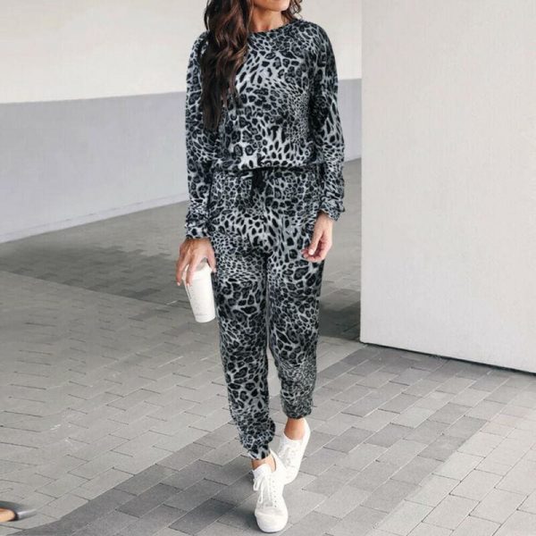 The Best Two piece set Women Fashion Leopard Round Neck Long Sleeve Tops Shirt Wide Leg Pants Casual Sports Suit Streetwear Online - Takalr