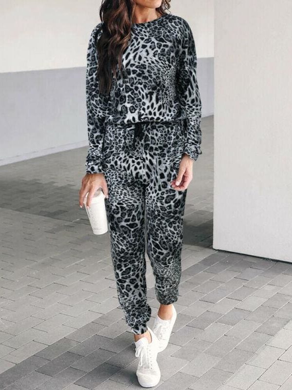 The Best Two piece set Women Fashion Leopard Round Neck Long Sleeve Tops Shirt Wide Leg Pants Casual Sports Suit Streetwear Online - Takalr