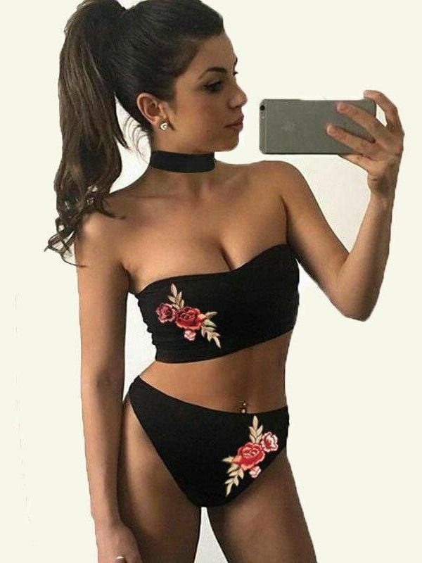 The Best Two-Pieces Women Floral Sexy Strapless Push-up Padded Bra High Waist Bandage Bikini Set Swimsuit Swimwear Bathing Suit Beachwear Online - Takalr