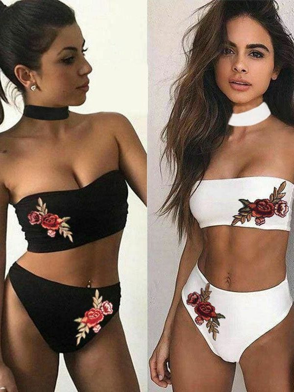 The Best Two-Pieces Women Floral Sexy Strapless Push-up Padded Bra High Waist Bandage Bikini Set Swimsuit Swimwear Bathing Suit Beachwear Online - Takalr