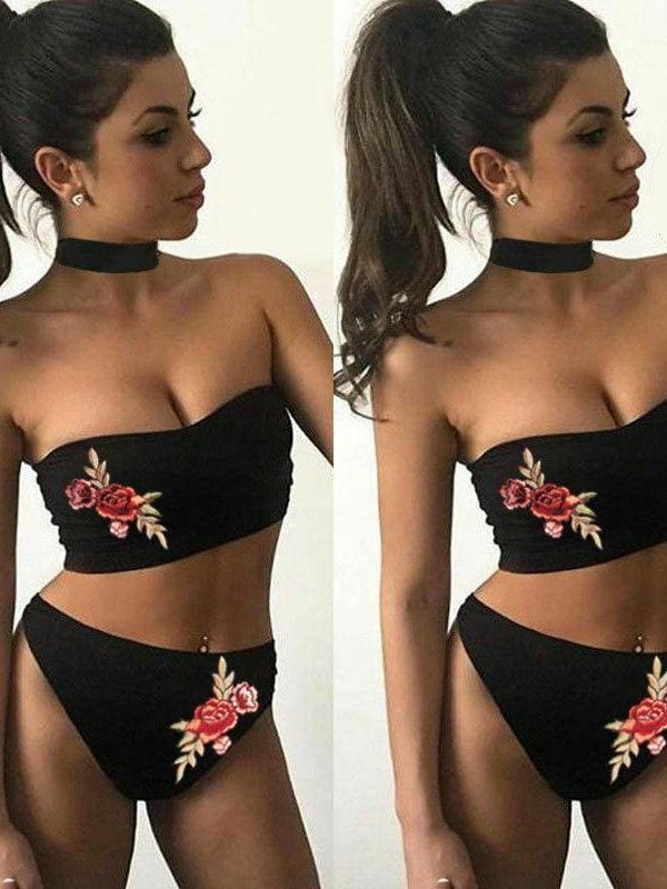 The Best Two-Pieces Women Floral Sexy Strapless Push-up Padded Bra High Waist Bandage Bikini Set Swimsuit Swimwear Bathing Suit Beachwear Online - Takalr