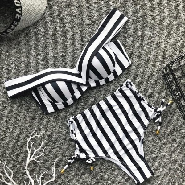 The Best Two Pieces Women V Neck Sexy Striped High Waist Striped Swimwear Brazilian Bikini Set Online - Takalr