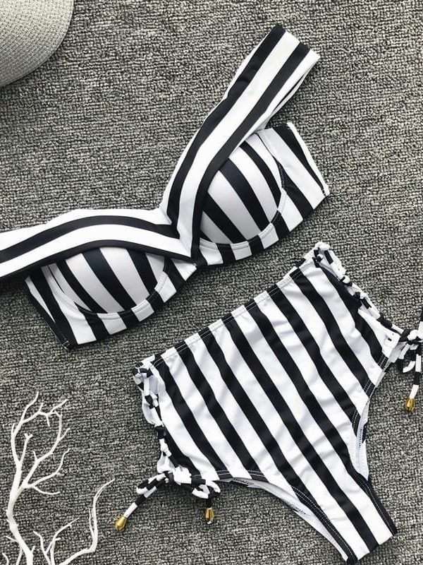 The Best Two Pieces Women V Neck Sexy Striped High Waist Striped Swimwear Brazilian Bikini Set Online - Takalr