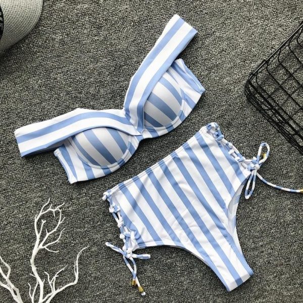 The Best Two Pieces Women V Neck Sexy Striped High Waist Striped Swimwear Brazilian Bikini Set Online - Takalr