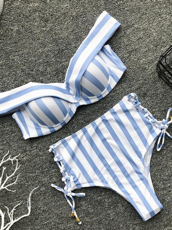 The Best Two Pieces Women V Neck Sexy Striped High Waist Striped Swimwear Brazilian Bikini Set Online - Takalr