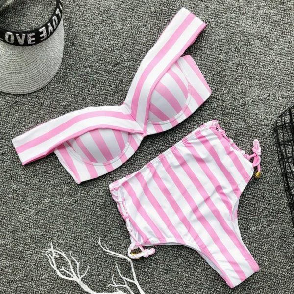 The Best Two Pieces Women V Neck Sexy Striped High Waist Striped Swimwear Brazilian Bikini Set Online - Takalr