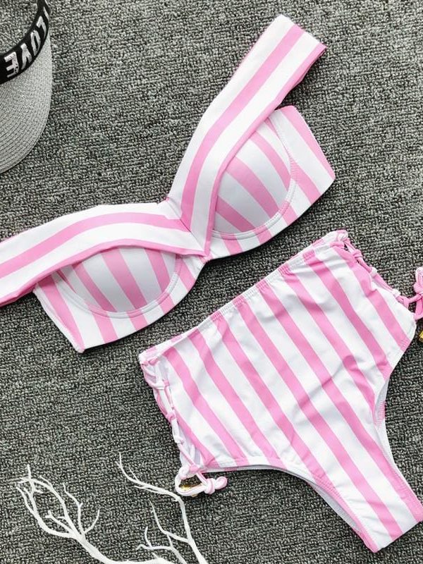 The Best Two Pieces Women V Neck Sexy Striped High Waist Striped Swimwear Brazilian Bikini Set Online - Takalr