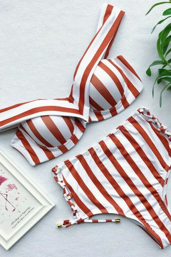 The Best Two Pieces Women V Neck Sexy Striped High Waist Striped Swimwear Brazilian Bikini Set Online - Takalr