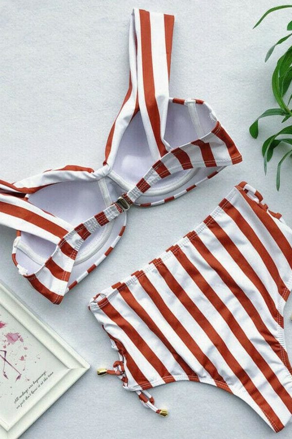 The Best Two Pieces Women V Neck Sexy Striped High Waist Striped Swimwear Brazilian Bikini Set Online - Takalr