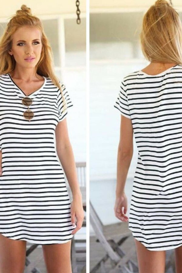 The Best UK Fashion Women Girls Striped Casual Short Mini Dress Casual A-line Club Party Dresses Online - Takalr