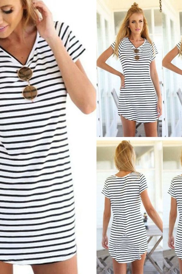 The Best UK Fashion Women Girls Striped Casual Short Mini Dress Casual A-line Club Party Dresses Online - Takalr