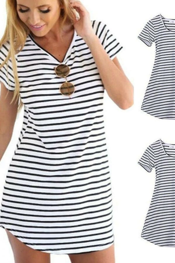 The Best UK Fashion Women Girls Striped Casual Short Mini Dress Casual A-line Club Party Dresses Online - Takalr