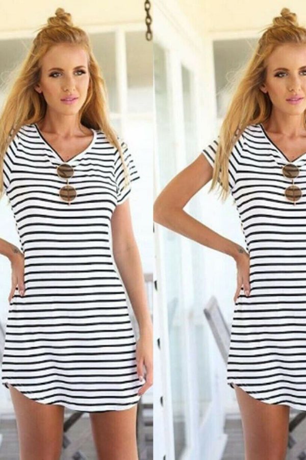 The Best UK Fashion Women Girls Striped Casual Short Mini Dress Casual A-line Club Party Dresses Online - Takalr