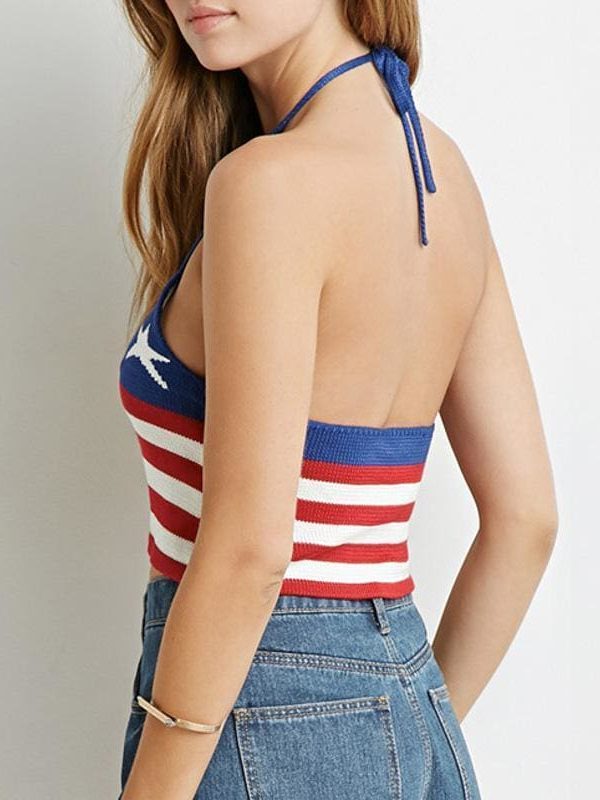 The Best USA flag stripe women camisole Halter Knitted Streetwear Tops Online - Takalr