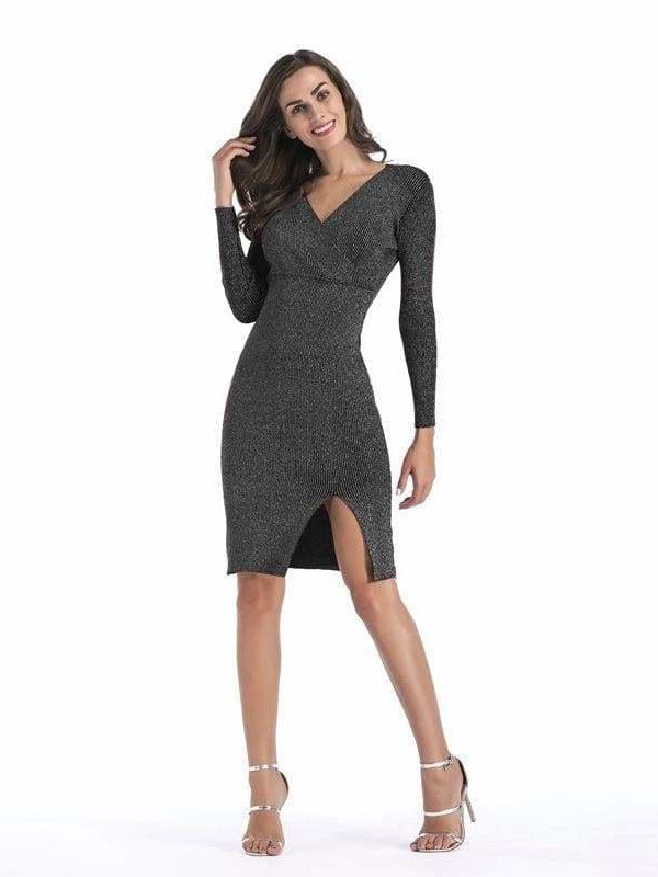 The Best V-neck long sleeve pencil skirt hem split knit dress Online - Source Silk