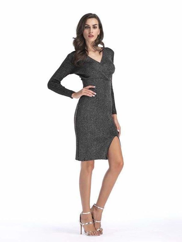 The Best V-neck long sleeve pencil skirt hem split knit dress Online - Source Silk