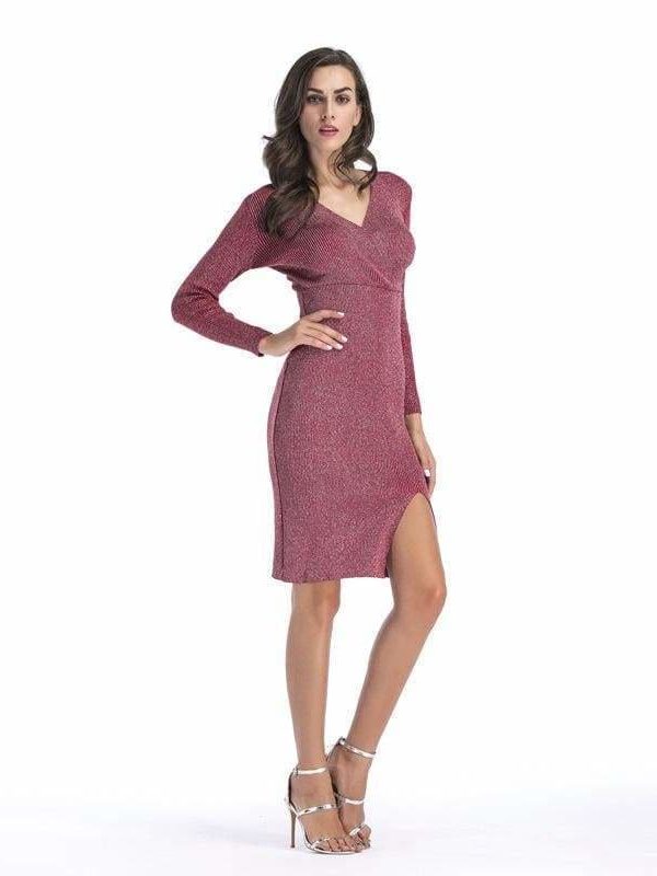 The Best V-neck long sleeve pencil skirt hem split knit dress Online - Source Silk