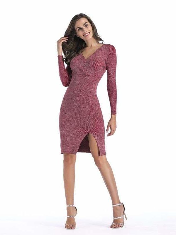 The Best V-neck long sleeve pencil skirt hem split knit dress Online - Source Silk