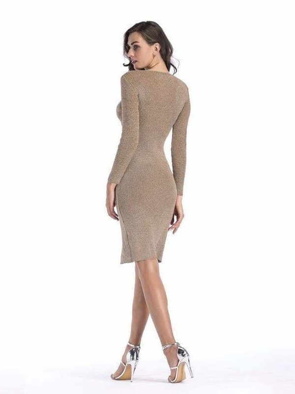 The Best V-neck long sleeve pencil skirt hem split knit dress Online - Source Silk