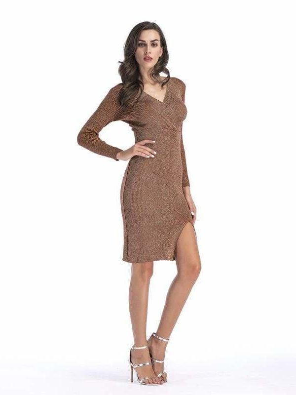 The Best V-neck long sleeve pencil skirt hem split knit dress Online - Source Silk