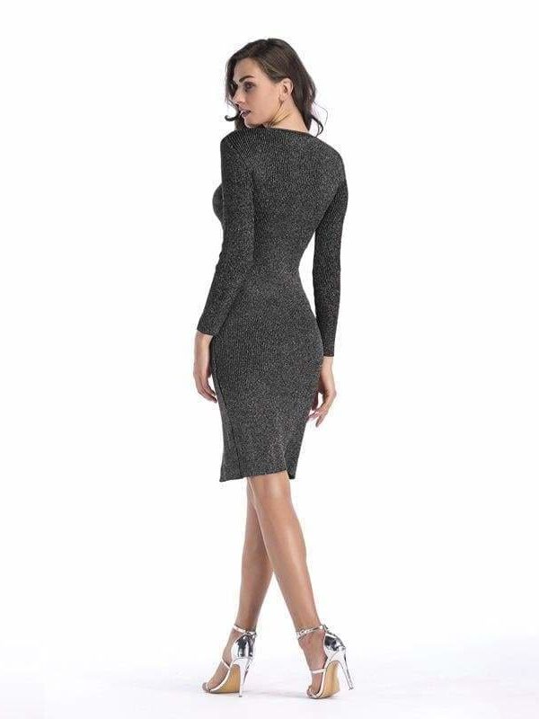 The Best V-neck long sleeve pencil skirt hem split knit dress Online - Source Silk