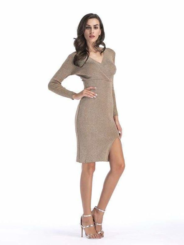 The Best V-neck long sleeve pencil skirt hem split knit dress Online - Source Silk