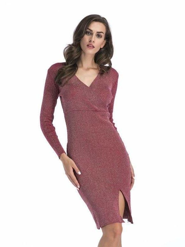 The Best V-neck long sleeve pencil skirt hem split knit dress Online - Source Silk