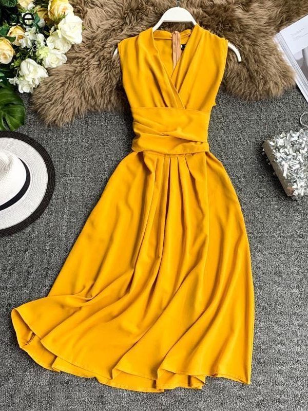 The Best V-Neck Sleeveless Dresses French Chic Cross Drawstring Slim Waist Online - Source Silk