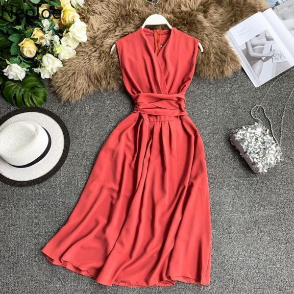 The Best V-Neck Sleeveless Dresses French Chic Cross Drawstring Slim Waist Online - Source Silk