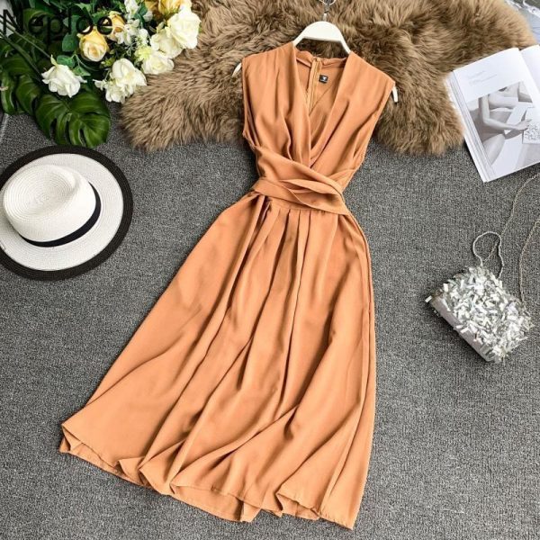 The Best V-Neck Sleeveless Dresses French Chic Cross Drawstring Slim Waist Online - Source Silk