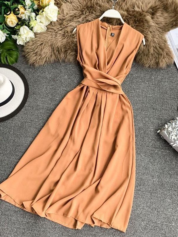 The Best V-Neck Sleeveless Dresses French Chic Cross Drawstring Slim Waist Online - Source Silk