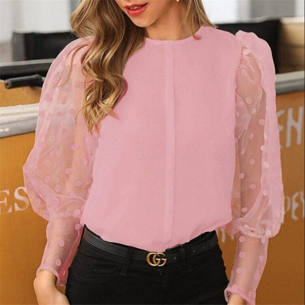 The Best Vintage Blouse See-through Sleeve Sexy Polka Dot Print Blouse O Neck Lady Office Shirt Tunic Casual Loose Tops Plus Size Blusas Online - Takalr