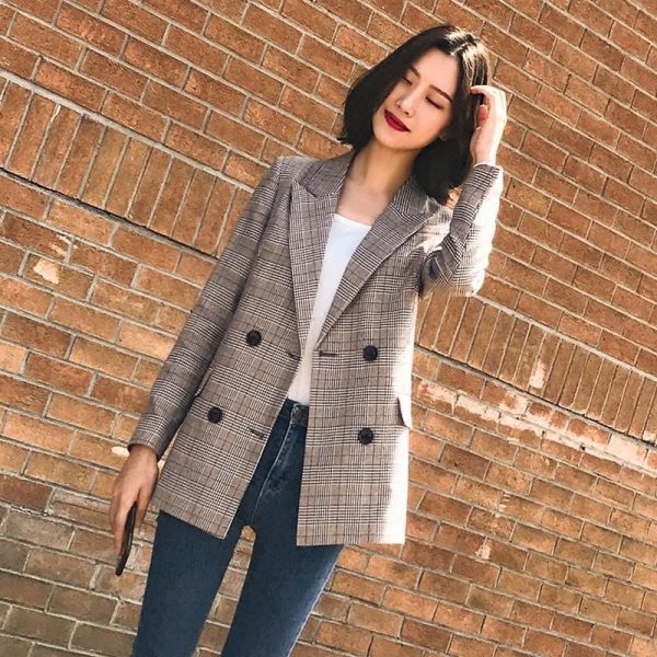 The Best Vintage Double Breasted Plaid Women Blazer Pockets Jackets Outerwear Online - Takalr