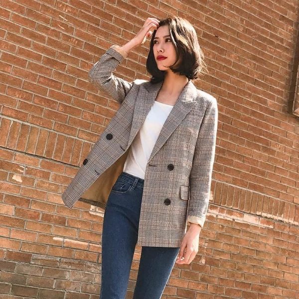 The Best Vintage Double Breasted Plaid Women Blazer Pockets Jackets Outerwear Online - Takalr