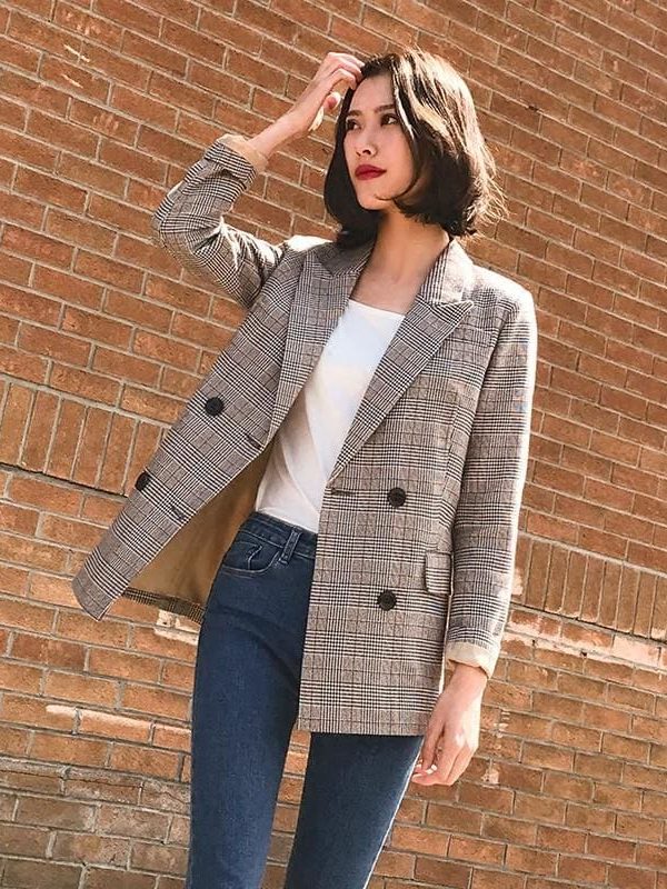 The Best Vintage Double Breasted Plaid Women Blazer Pockets Jackets Outerwear Online - Takalr