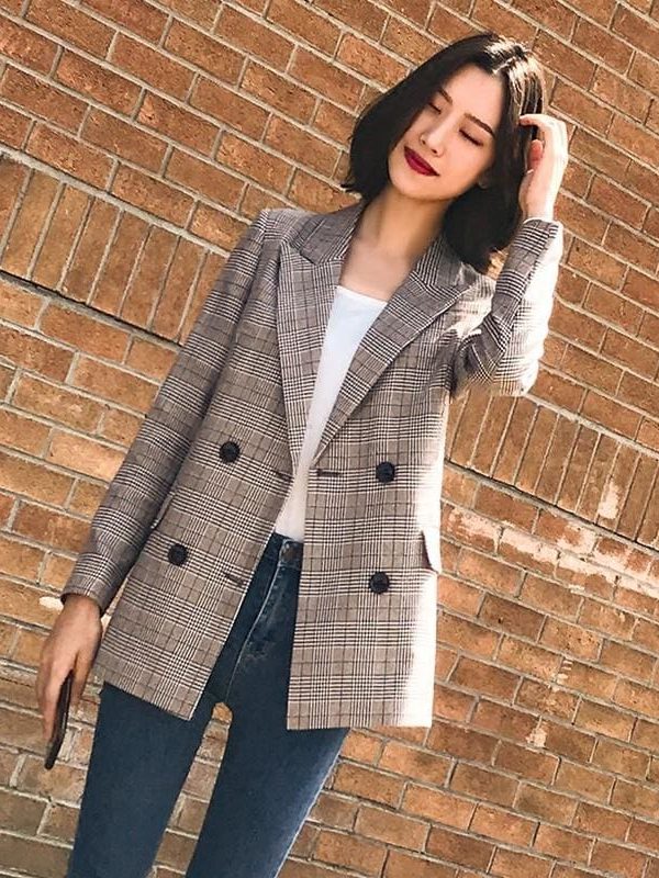 The Best Vintage Double Breasted Plaid Women Blazer Pockets Jackets Outerwear Online - Takalr