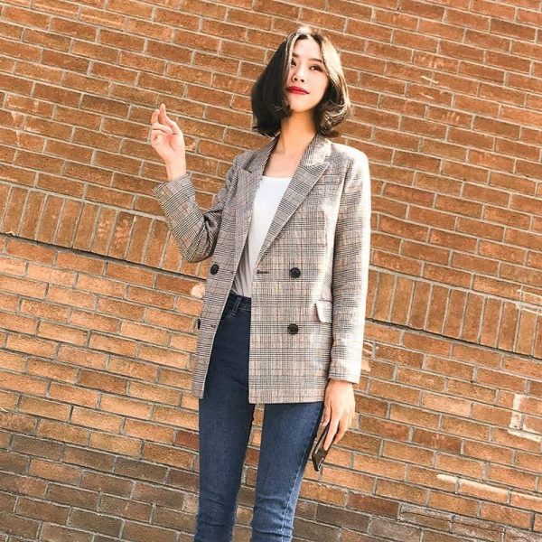 The Best Vintage Double Breasted Plaid Women Blazer Pockets Jackets Outerwear Online - Takalr