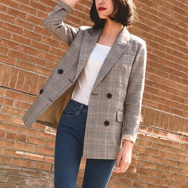 The Best Vintage Double Breasted Plaid Women Blazer Pockets Jackets Outerwear Online - Takalr