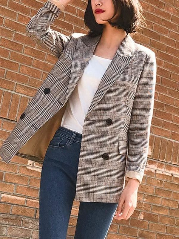 The Best Vintage Double Breasted Plaid Women Blazer Pockets Jackets Outerwear Online - Takalr