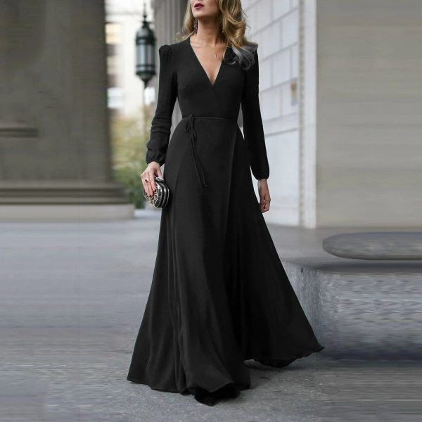 The Best Vintage Formal Dress Women Lady V Neck Long Sleeve Maxi Dress Autumn Winter Evening Party Wedding Prom Gown Dress Online - Takalr