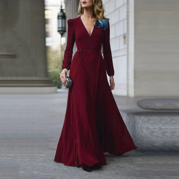 The Best Vintage Formal Dress Women Lady V Neck Long Sleeve Maxi Dress Autumn Winter Evening Party Wedding Prom Gown Dress Online - Takalr