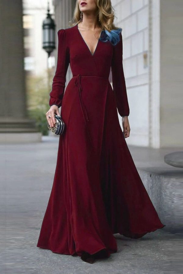 The Best Vintage Formal Dress Women Lady V Neck Long Sleeve Maxi Dress Autumn Winter Evening Party Wedding Prom Gown Dress Online - Takalr