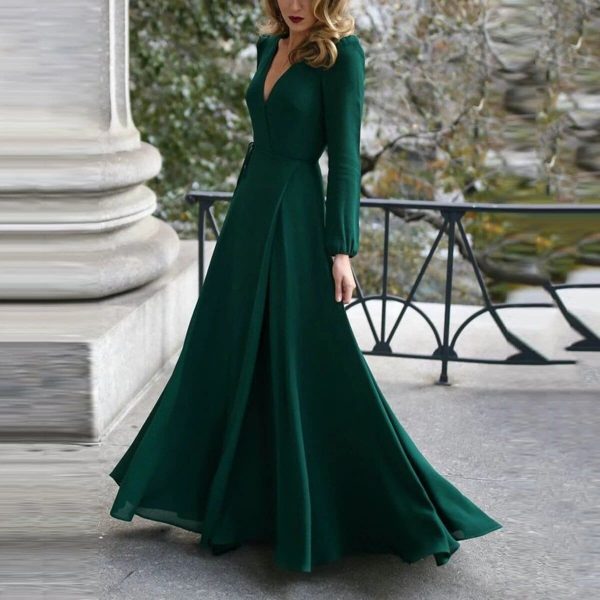 The Best Vintage Formal Dress Women Lady V Neck Long Sleeve Maxi Dress Autumn Winter Evening Party Wedding Prom Gown Dress Online - Takalr